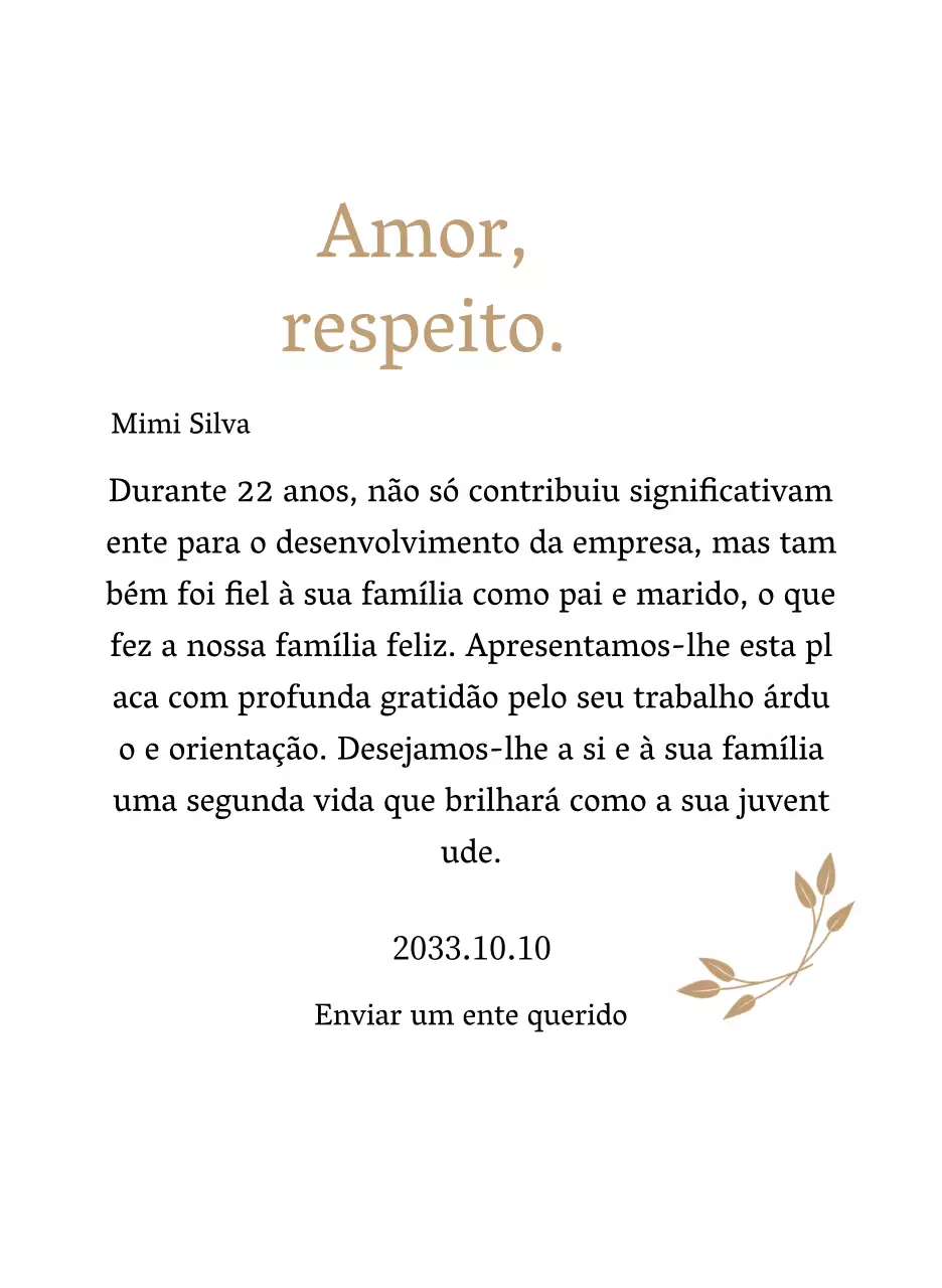 Placa de agradecimento elegante com ouro e folhas