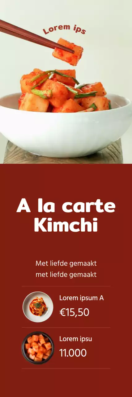 Promoot de verkoop van kimchi door afbeeldingen van kimchi op een rode achtergrond te benadrukken