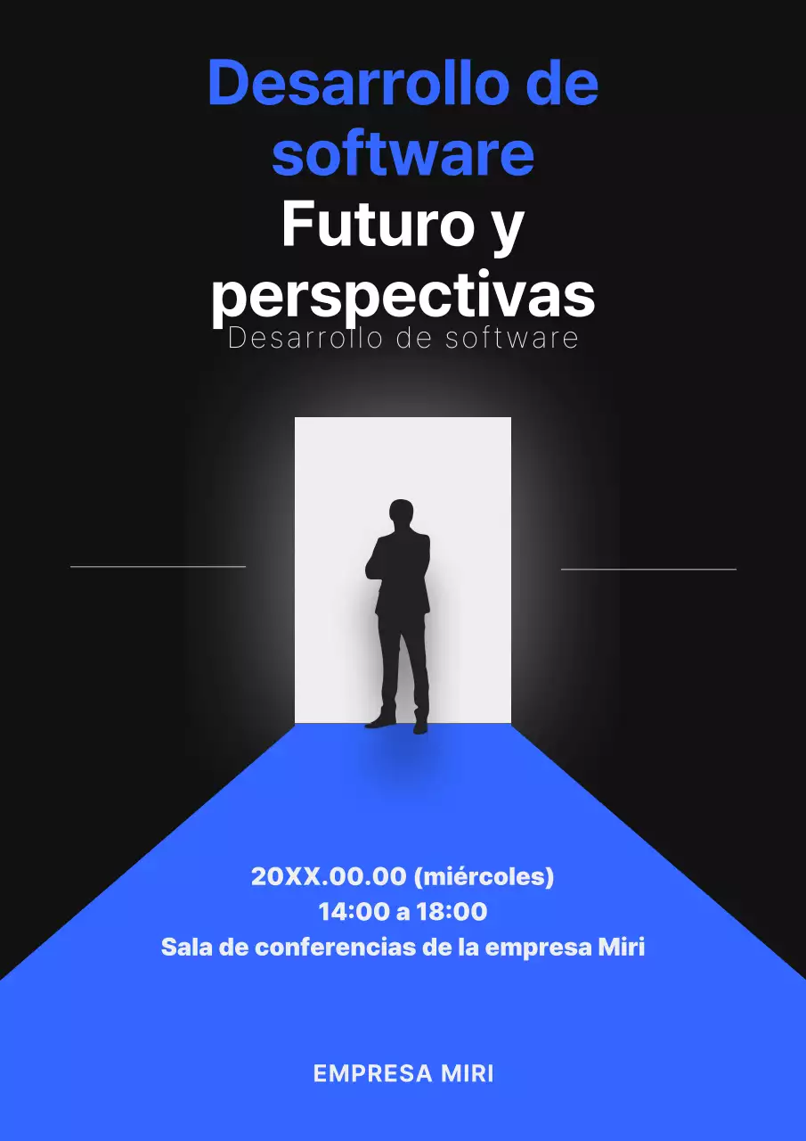 Promocione una conferencia sobre desarrollo con una moderna puerta en azul.