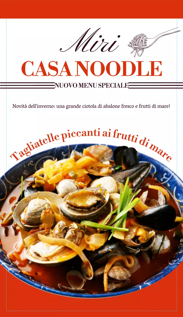 Menu del ristorante di noodle con layout pulito di font e immagini di cibo e accenti di colore arancione