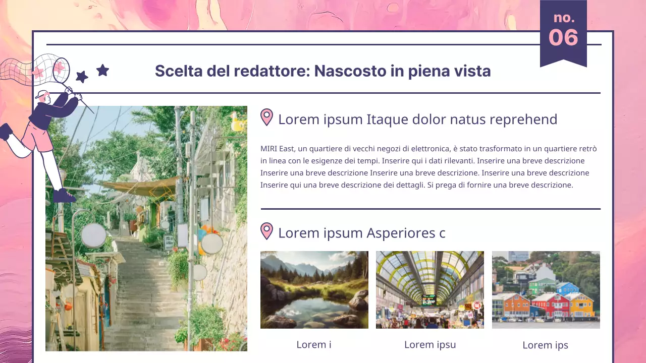Una moderna guida turistica culturale in rosa e viola
