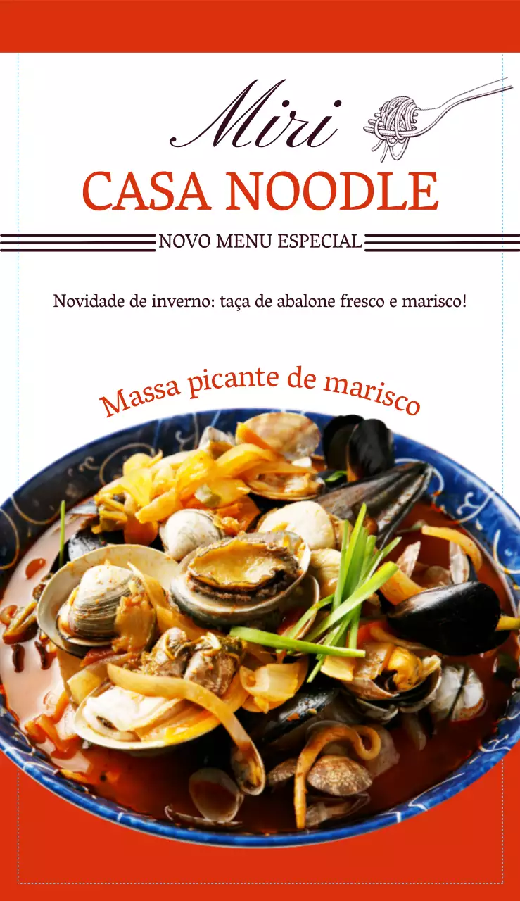 Ementa de restaurante de noodles com tipo de letra simples, disposição de imagens de alimentos e toques de cor laranja