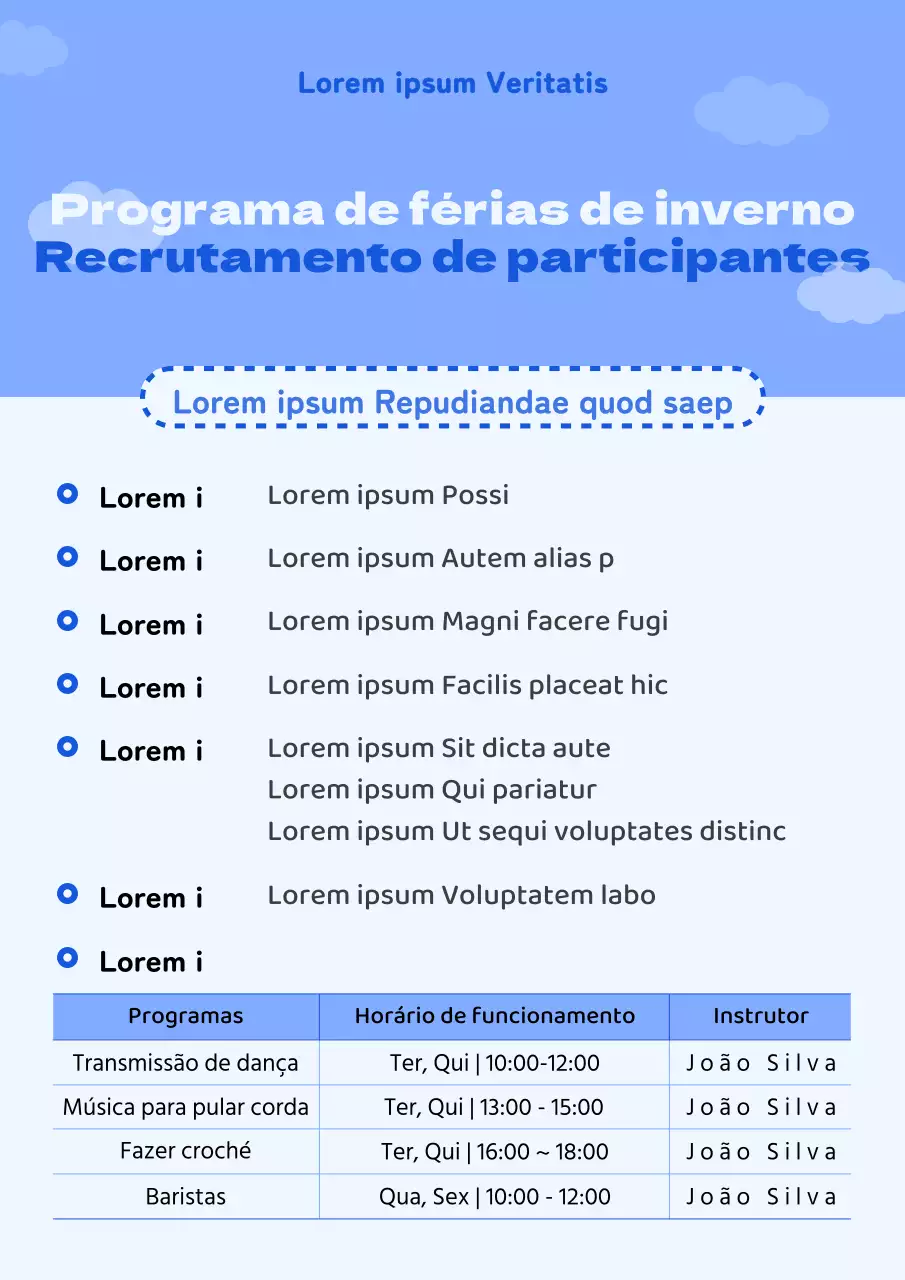 Um programa simples de férias de inverno em azul e branco para promover o recrutamento