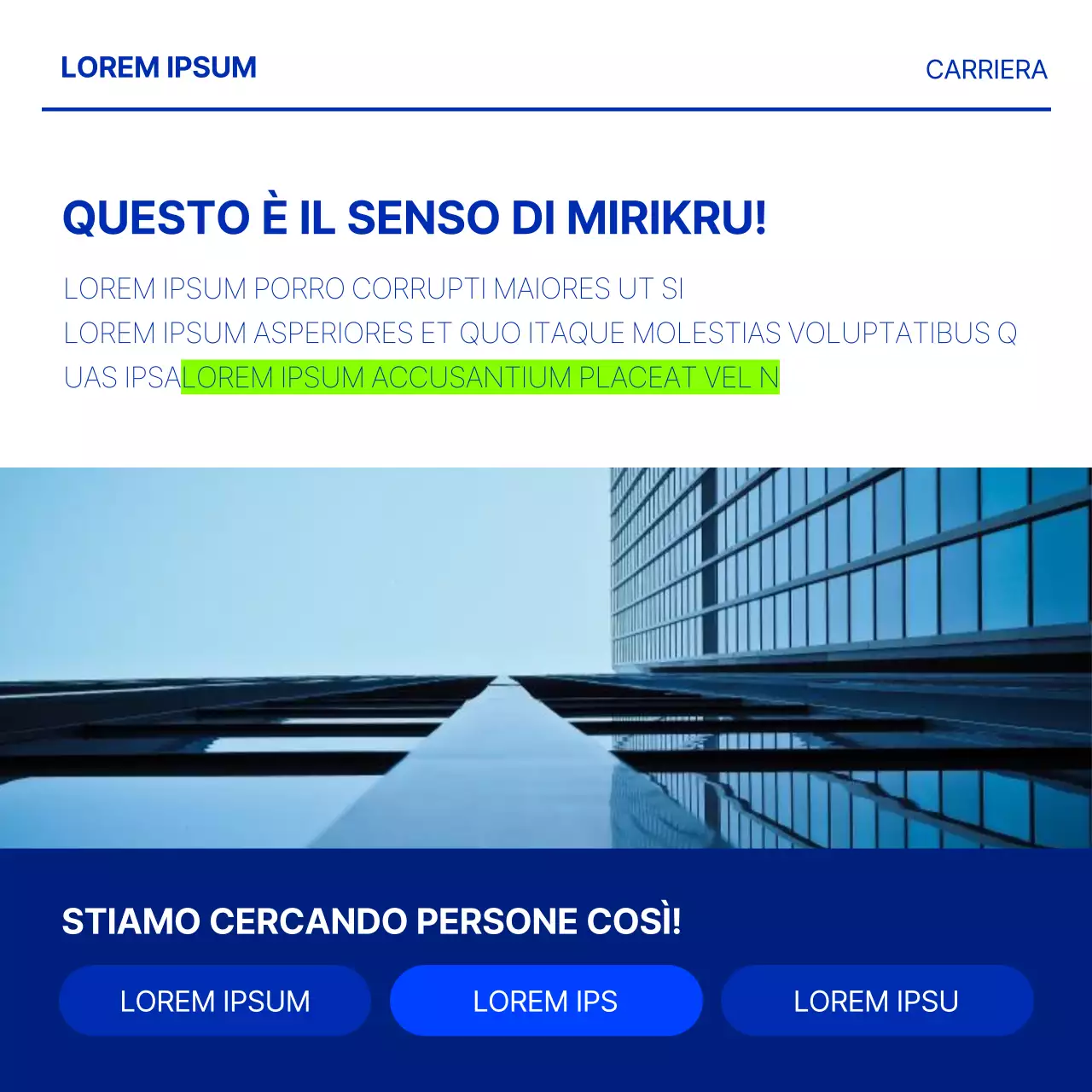 Un annuncio di lavoro minimalista in blu e chartreuse