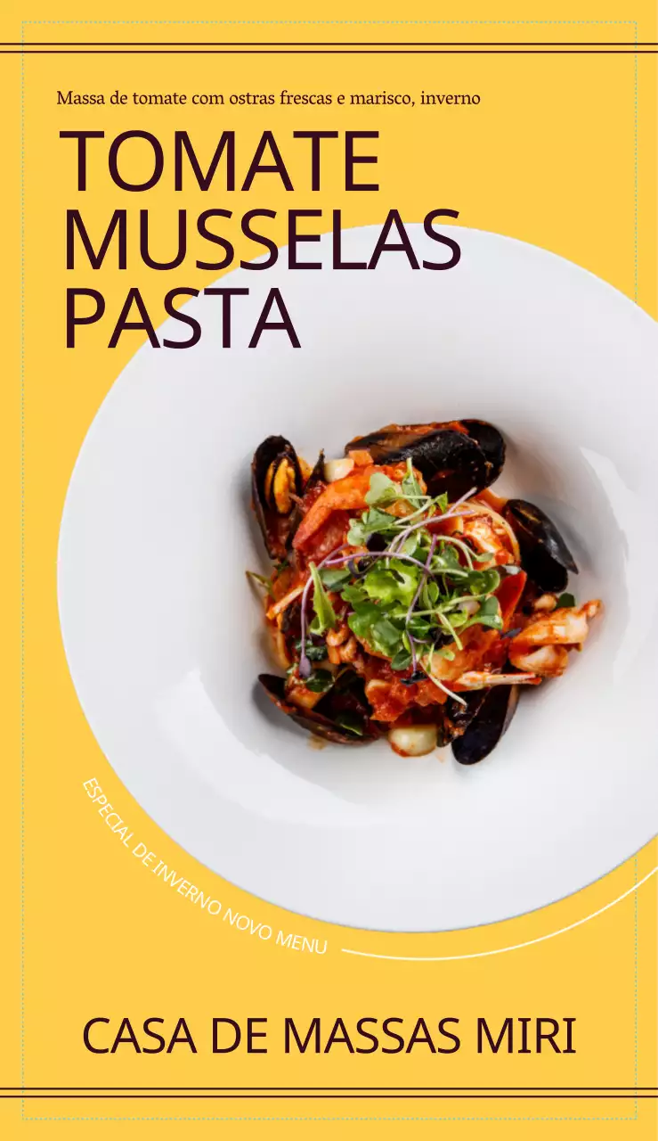 Menu limpo de restaurante de massas italianas com imagens fotorrealistas de massas castanhas e amarelas
