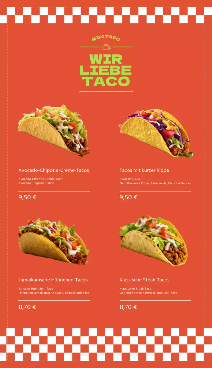Speisekarte eines Taco-Restaurants mit lebhaften orangefarbenen Farben, grafischen Elementen und fotorealistischen Bildern von Tacos