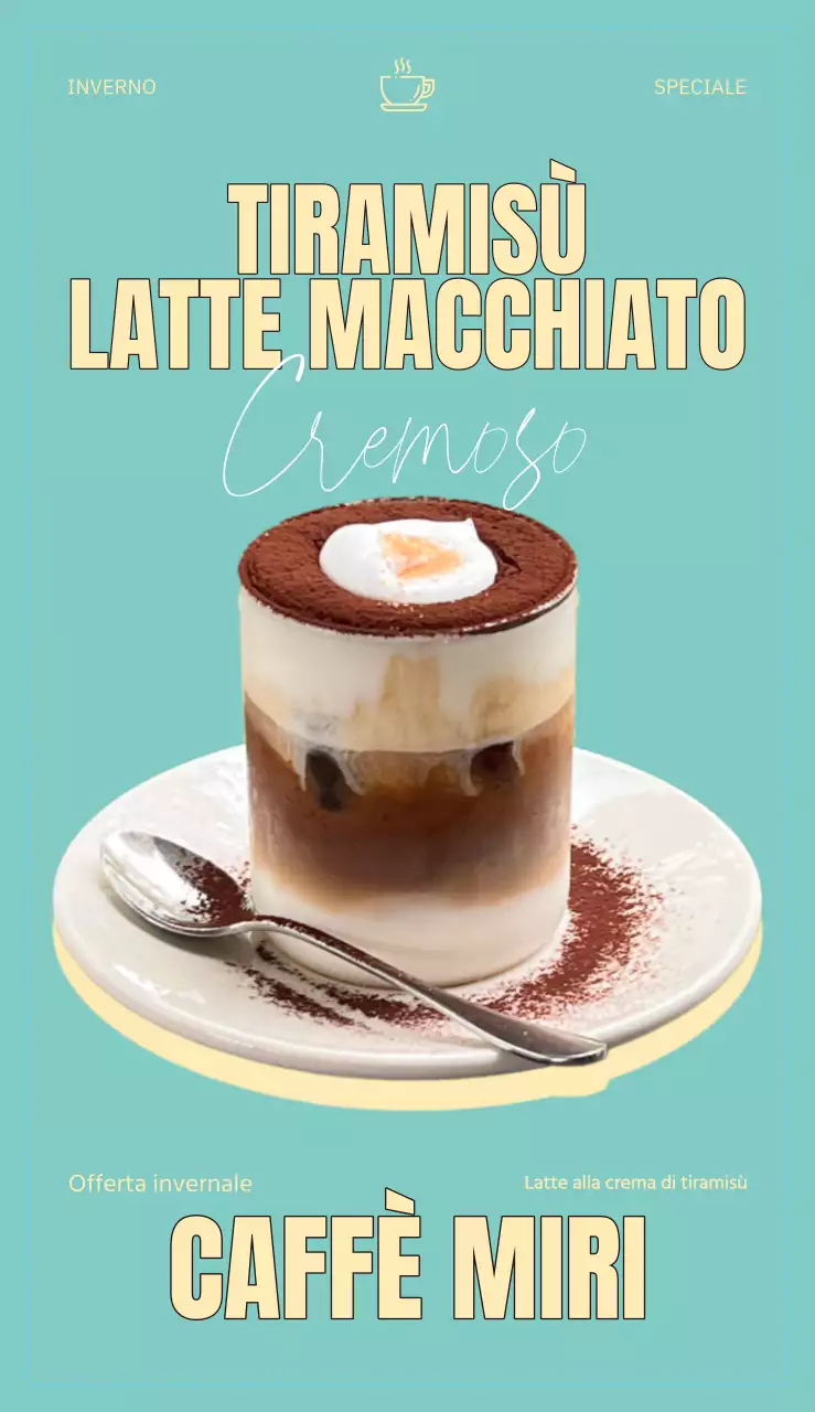 Menu del caffè Tiramisù latte e dessert con combinazione di colori giallo e menta e testo concettuale in inglese.