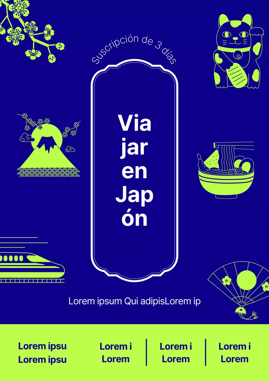 Cubierta japonesa de viaje pop art en azul y chartreuse