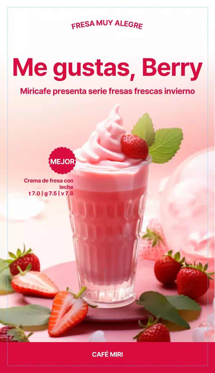 El nuevo menú de la cafetería presenta un color principal rojo y un diseño y elementos gráficos con fotos de bebidas y postres de fresa.