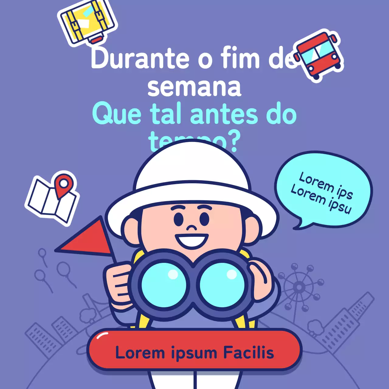 Promover os produtos turísticos locais em lilás e azul-marinho