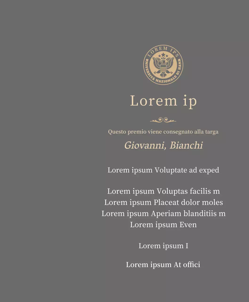 Lussuosa targa di laurea con logo della scuola e finiture in oro