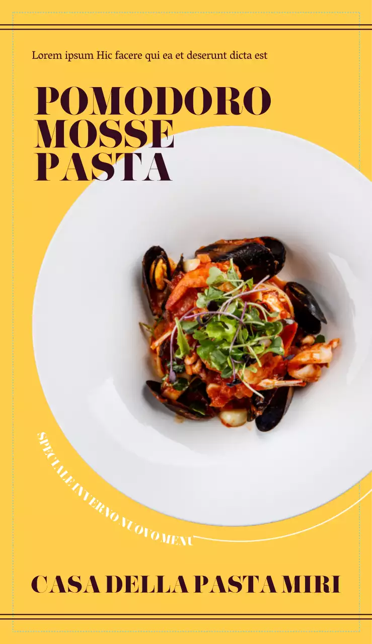 Menu pulito del ristorante di pasta italiano con immagini di pasta fotorealistiche marroni e gialle