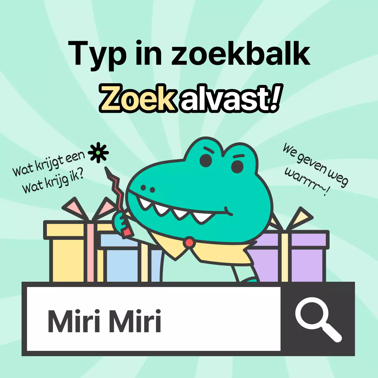 Aankondigingen van Argo, een kitscherig personage met een mintkleurige achtergrond