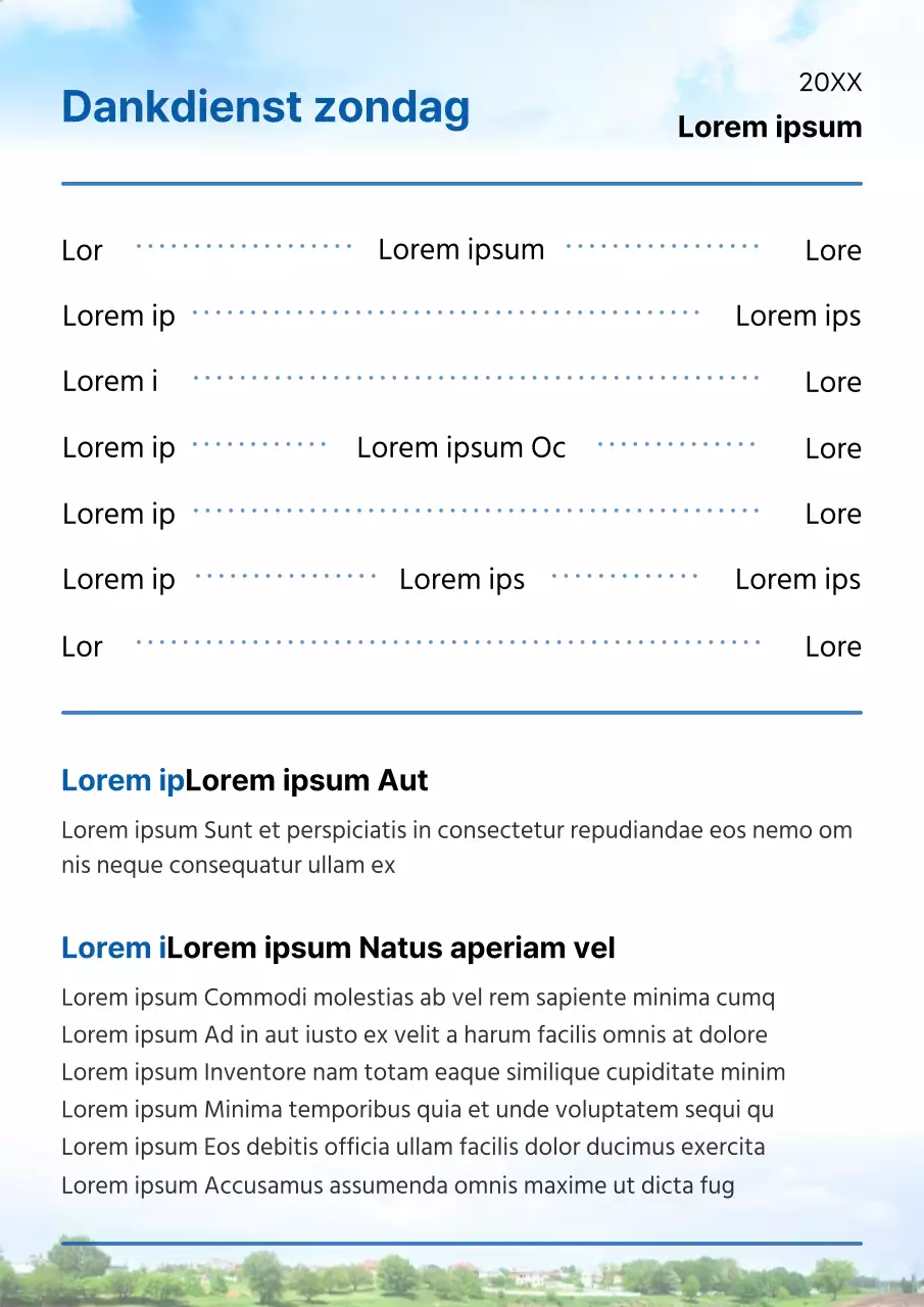Een eenvoudige blauw-witte zondagse dankdienst bulletin gids