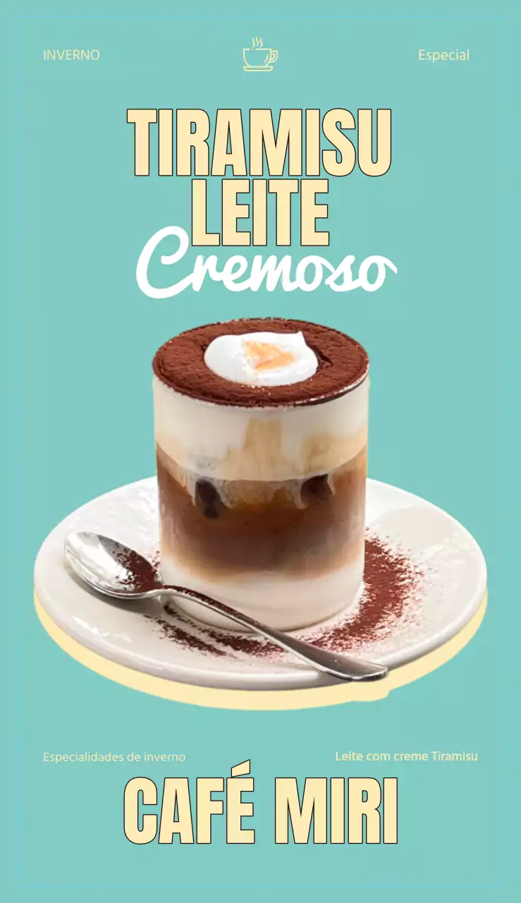 Café Tiramisu latte e menu de sobremesas com esquema de cores menta e amarelo e texto concetual suave em inglês