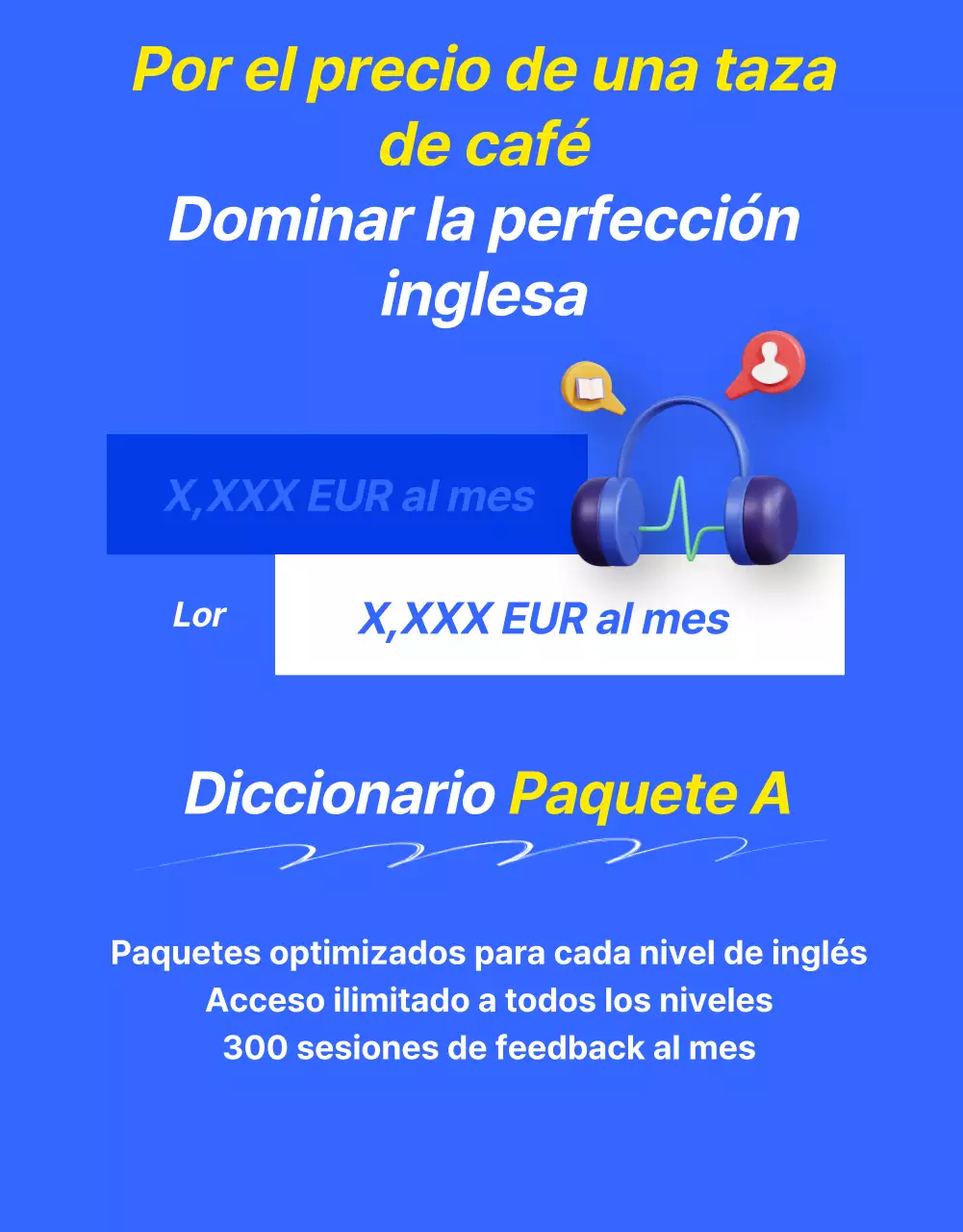 Promociona una oferta kitsch de clases de inglés en azul y amarillo