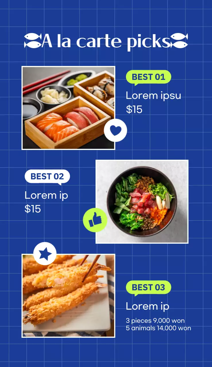 Introducing a simple, whimsical Japanese menu in blue and chartreuse