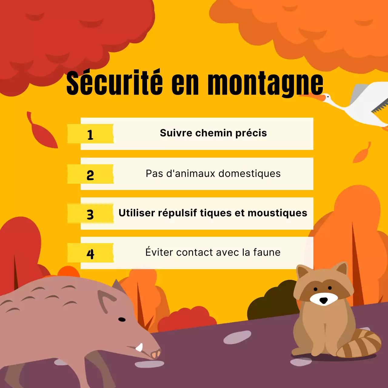 Un guide pour la sécurité de la faune naturelle en orange et jaune