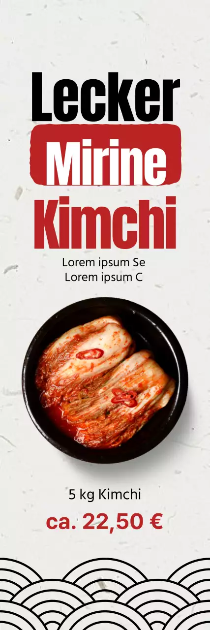 Bewerben Sie ein sauberes Kimchi-Menü mit einem Bild von Kohl-Kimchi auf einem Hintergrund aus weißem koreanischen Papier.