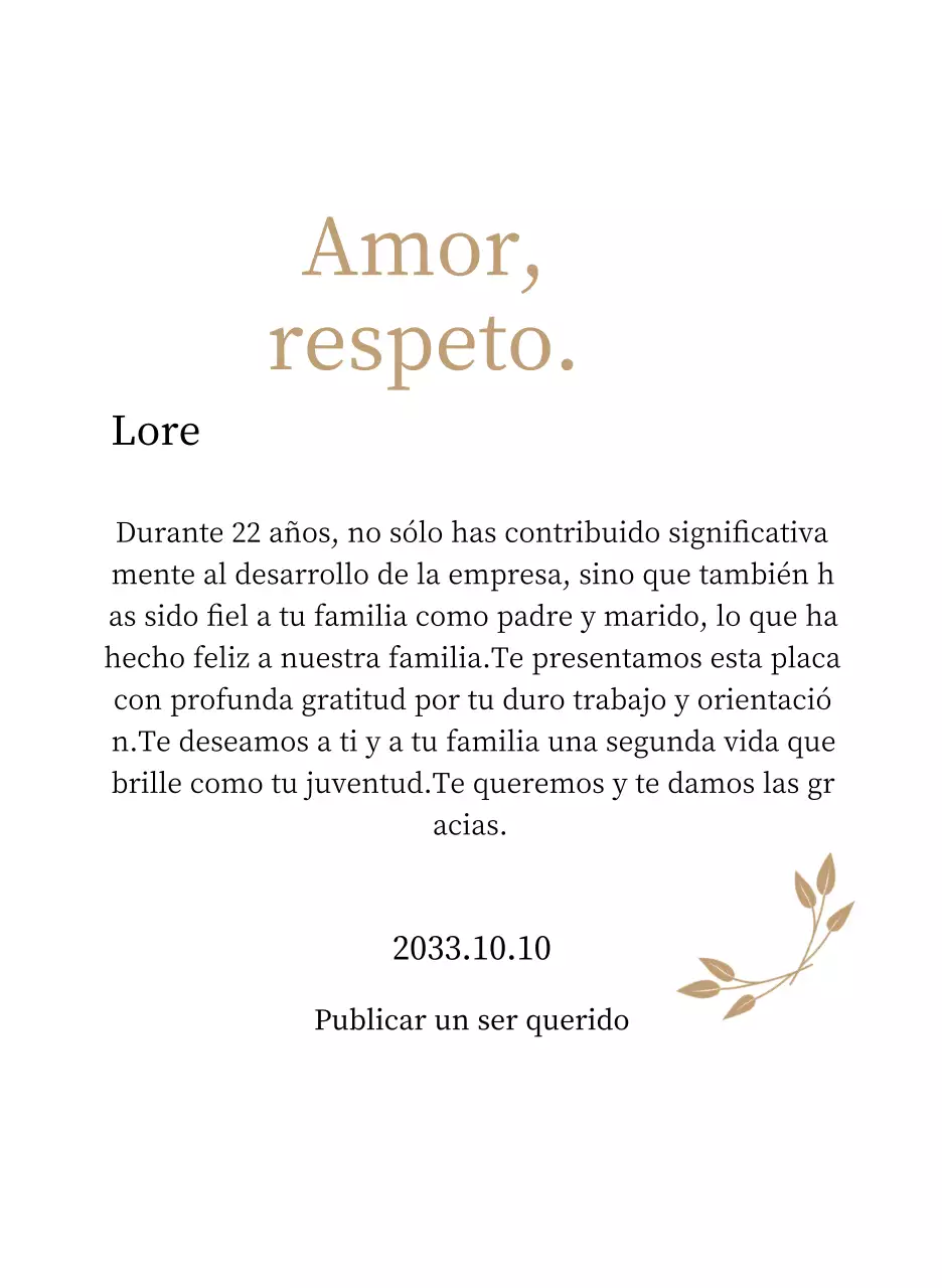 Elegante placa de agradecimiento con oro y hojas