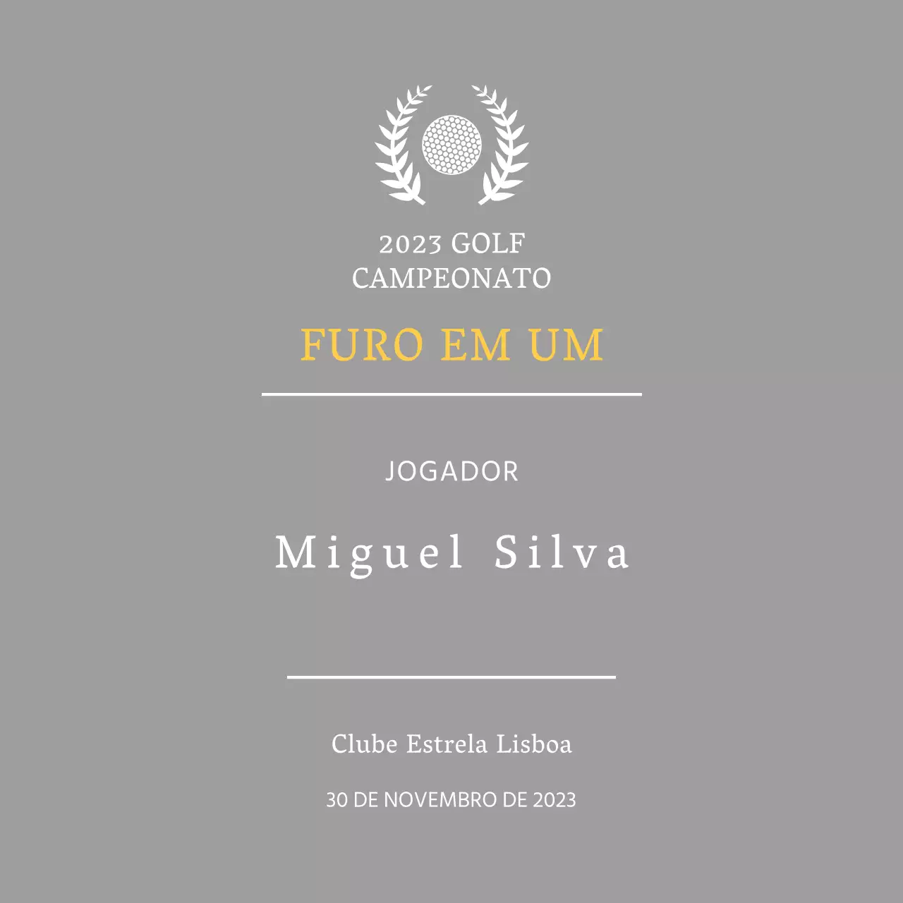 Placa de vencedor de jogador de golfe "hole-in-one" com bola de golfe e ilustração de coroa de louros