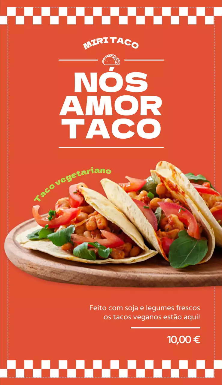 Menu de restaurante de tacos com cores vivas laranja, elementos gráficos e imagens fotorrealistas de tacos