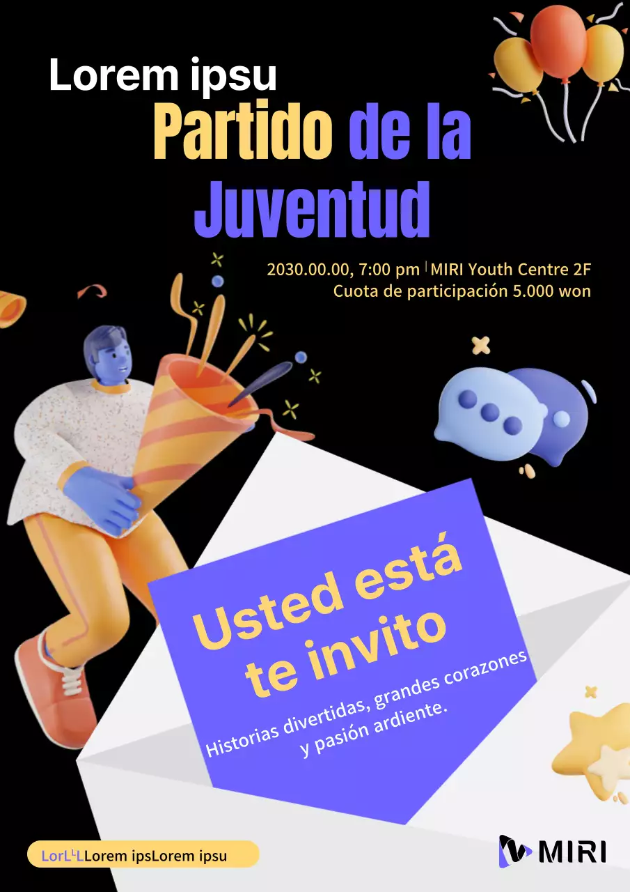 Invitación kitsch para fiesta juvenil en amarillo y azul