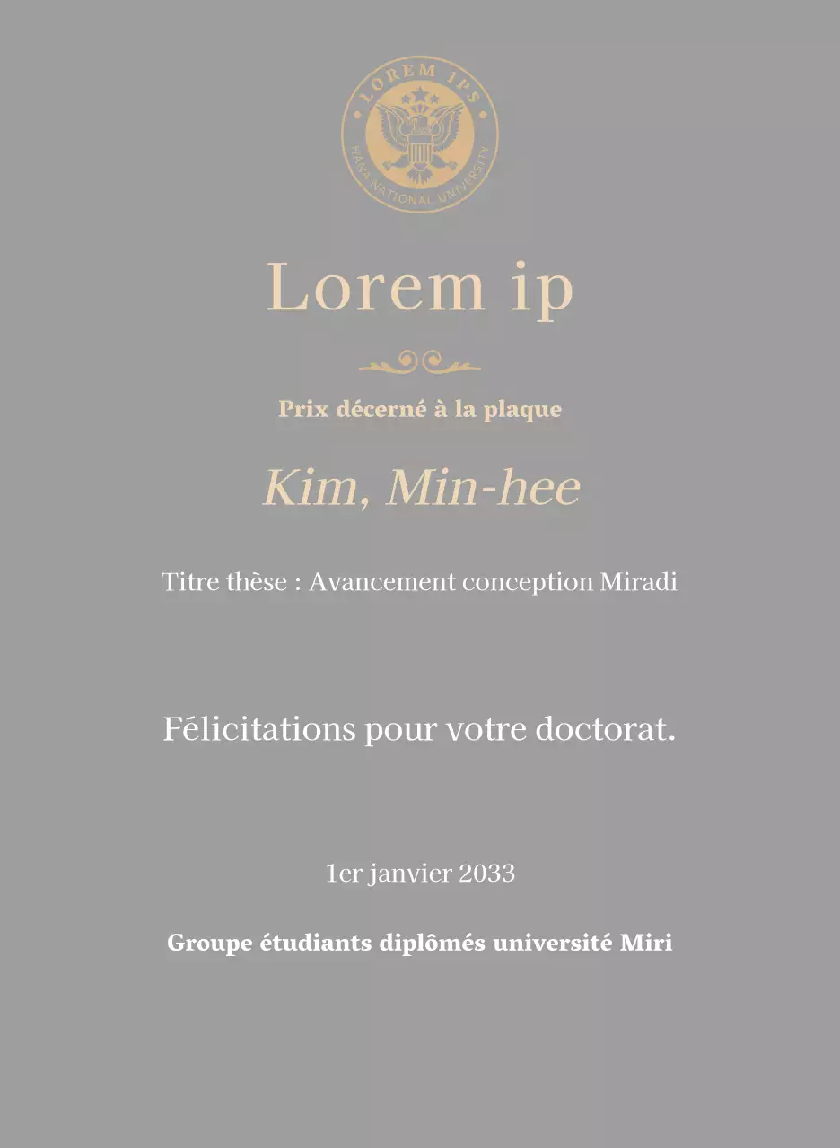 Plaque de diplôme luxueuse avec logo de l'école et bordure dorée