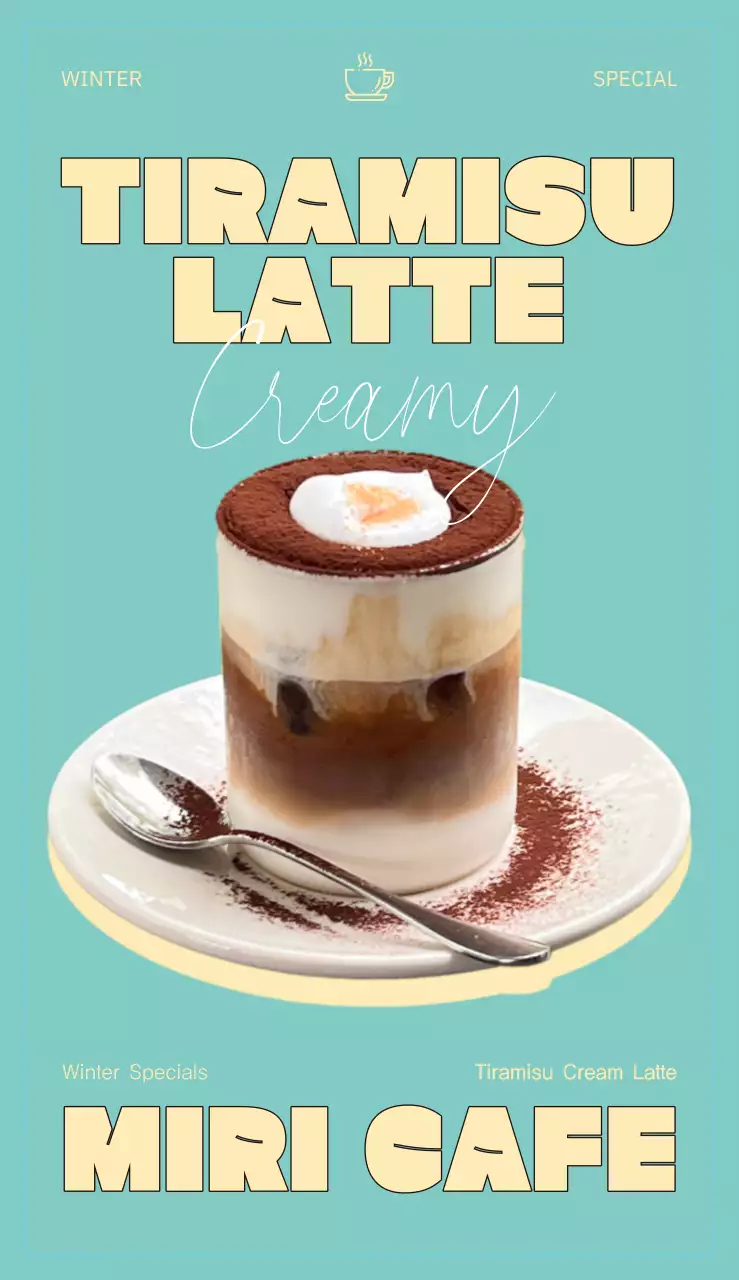 Menu latte dan hidangan penutup Cafe Tiramisu, menampilkan skema warna yang emosional dan lembut serta teks dalam bahasa Inggris.