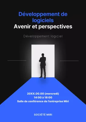 Promouvoir une conférence sur le développement avec une porte moderne de couleur bleue.