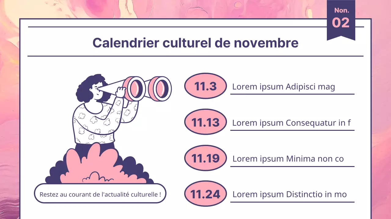Un guide d'information sur le tourisme culturel moderne en rose et violet
