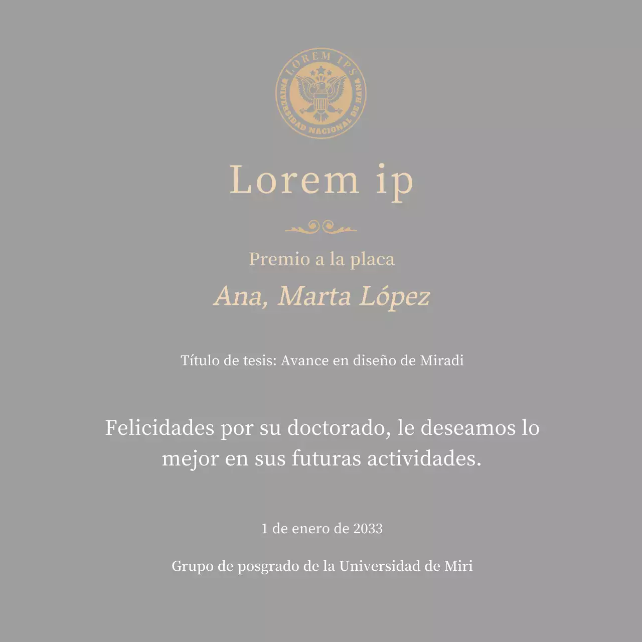 Lujosa placa de titulación con el logotipo de la escuela y adornos dorados