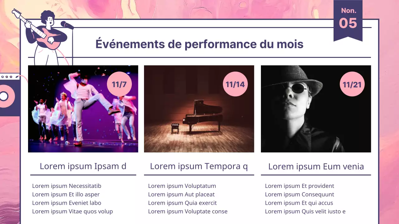 Un guide d'information sur le tourisme culturel moderne en rose et violet