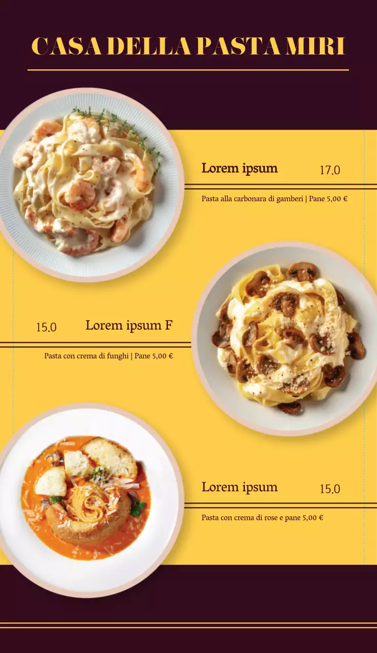 Menu pulito del ristorante di pasta italiano con immagini di pasta fotorealistiche marroni e gialle
