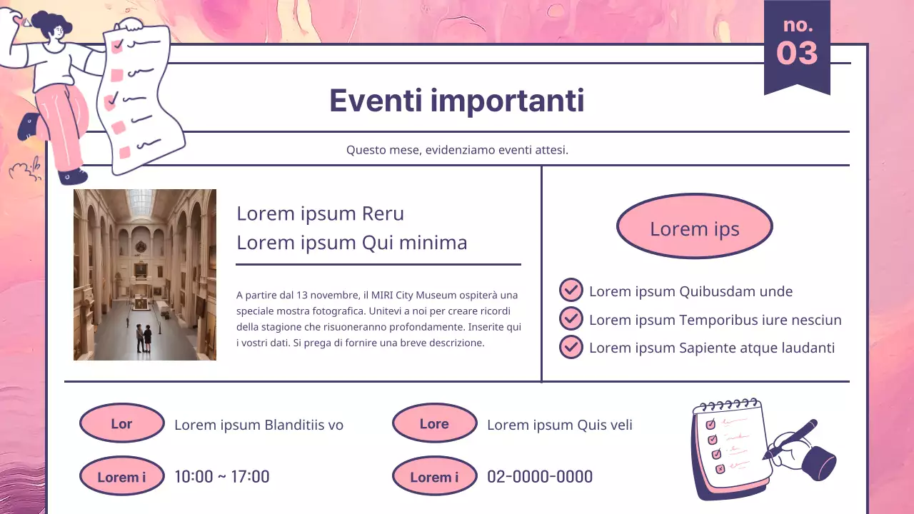 Una moderna guida turistica culturale in rosa e viola