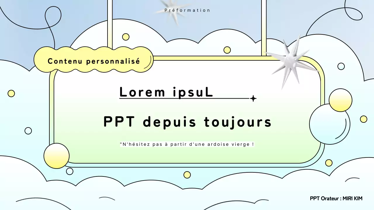 Présentation d'une proposition sur fond bleu clair et jaune.