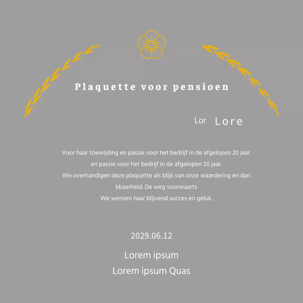 Lijst concept waardering plaquette met laurierbladeren en lijn bloemen