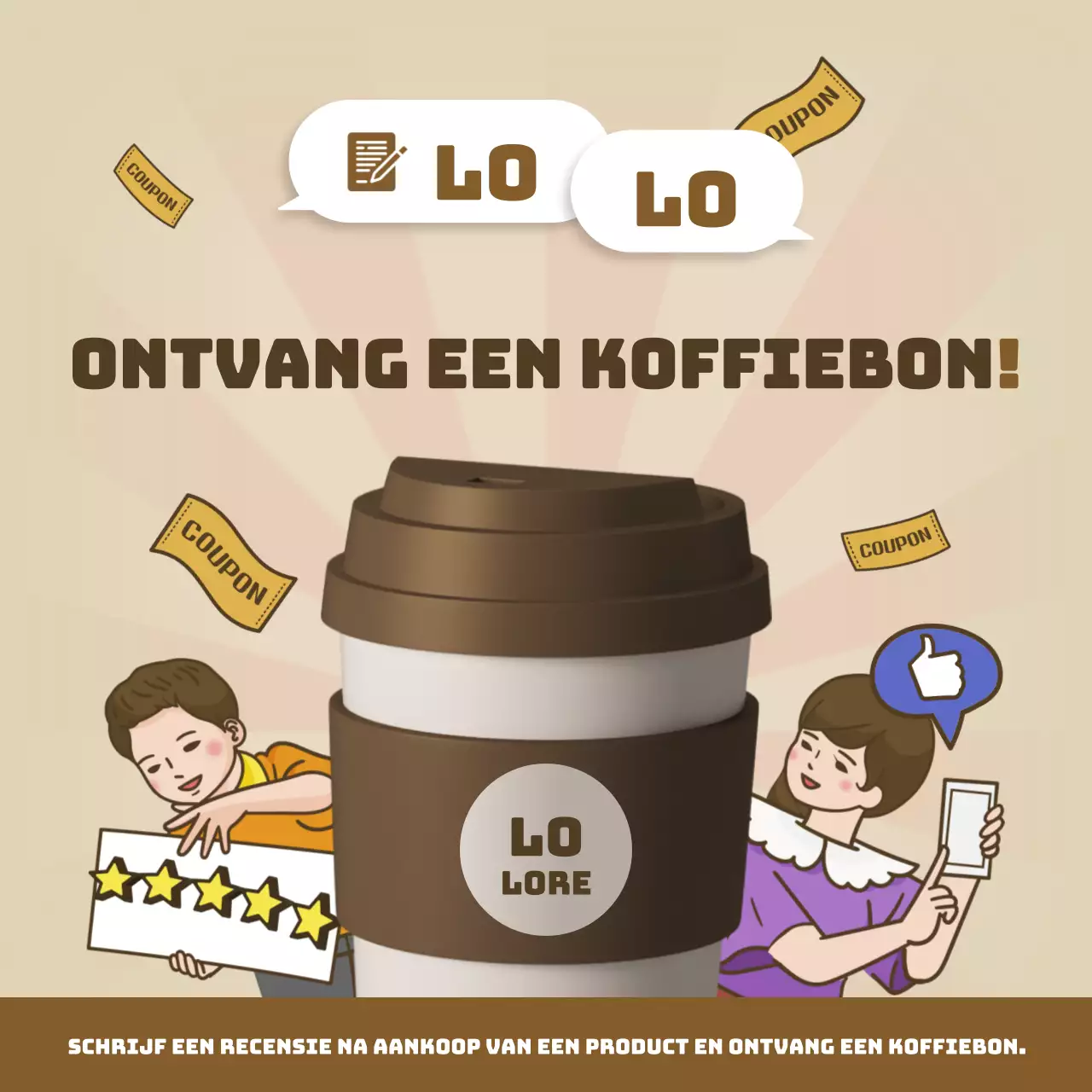 Promoot een retro koffie coupon review evenement in bruin en beige