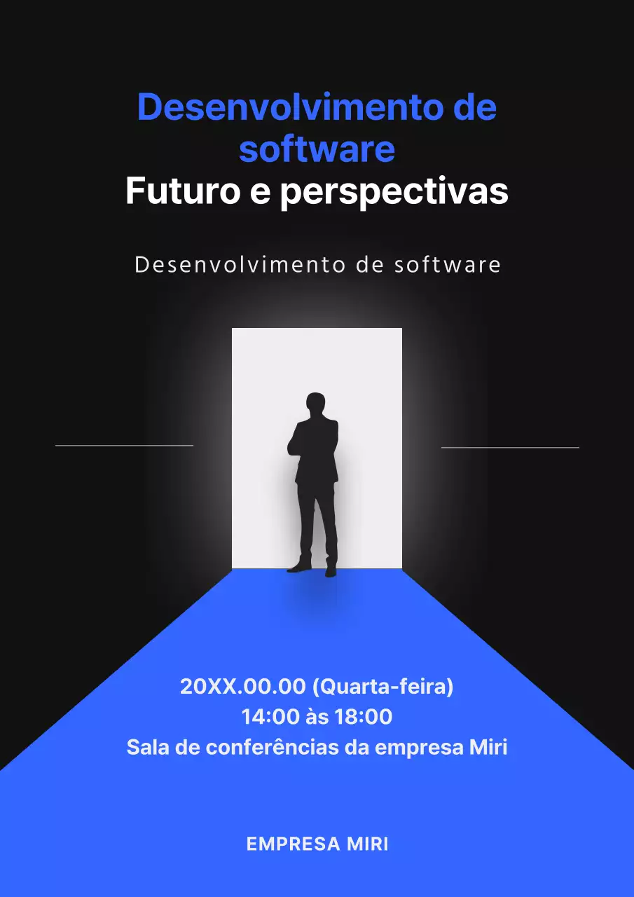 Promova uma conferência de desenvolvimento com uma porta moderna em azul.