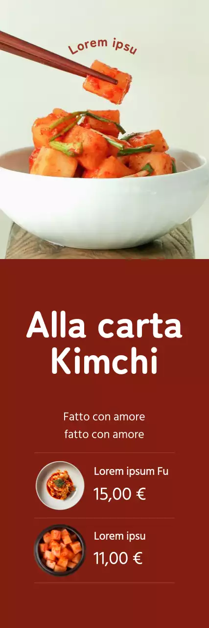 Promuovere le vendite di kimchi mettendo in evidenza immagini di kimchi su sfondo rosso.