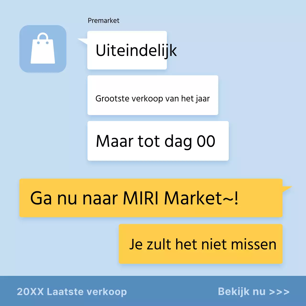 Parodie verkoopadvertentie in lichtblauw en geel