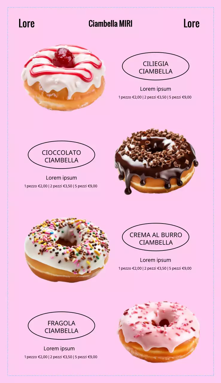 Menu di un caffè con dolci a forma di ciambella con caratteri in grassetto, layout di immagini di ciambelle ed elementi grafici ritmici