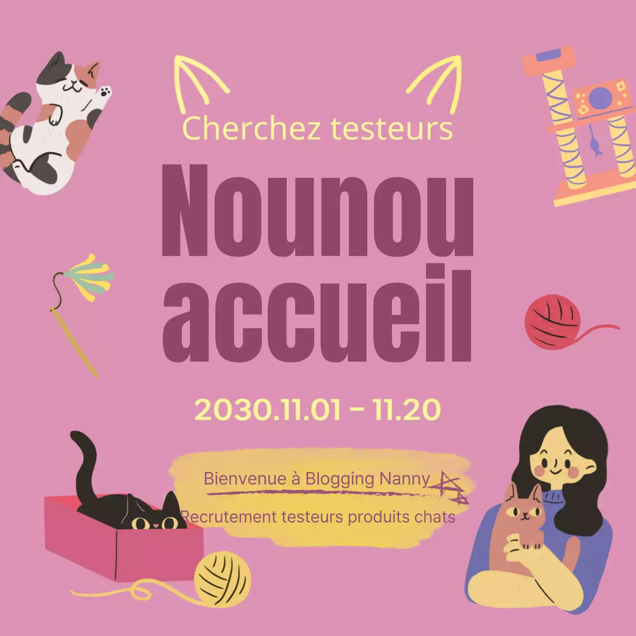 Promouvoir le recrutement d'une équipe de réviseurs de litières pour chats roses et jaunes.