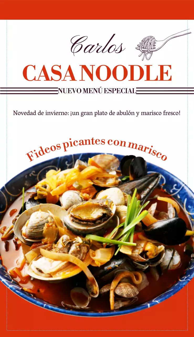 Menú de restaurante de fideos con fuente limpia y diseño de imagen de alimentos y acentos de color naranja.
