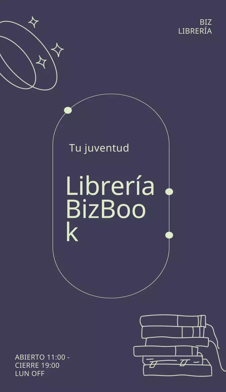 Cartel de diseño con formas de líneas y el nombre de la librería resaltado