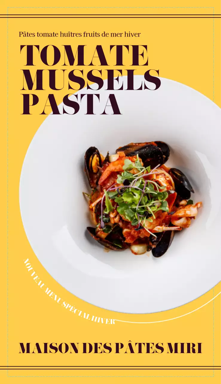 Menu de restaurant de pâtes italiennes avec des images photoréalistes de pâtes brunes et jaunes