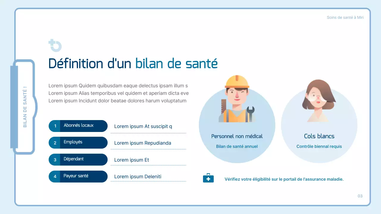 Un guide simple, de couleur bleu ciel, sur les bilans de santé des salariés
