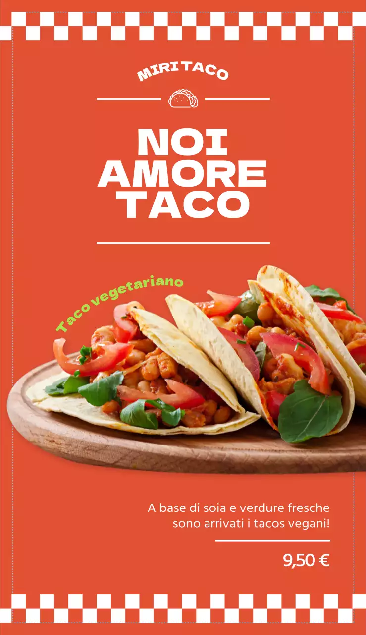 Menu del ristorante di tacos con colori arancioni vivaci, elementi grafici e immagini fotorealistiche di tacos
