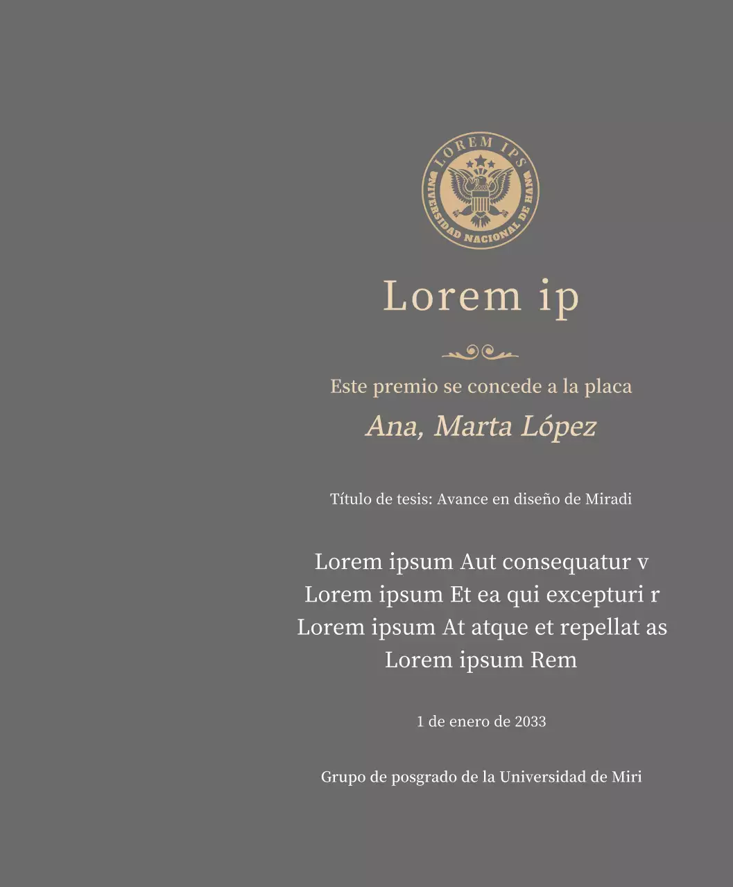 Lujosa placa de titulación con el logotipo de la escuela y adornos dorados