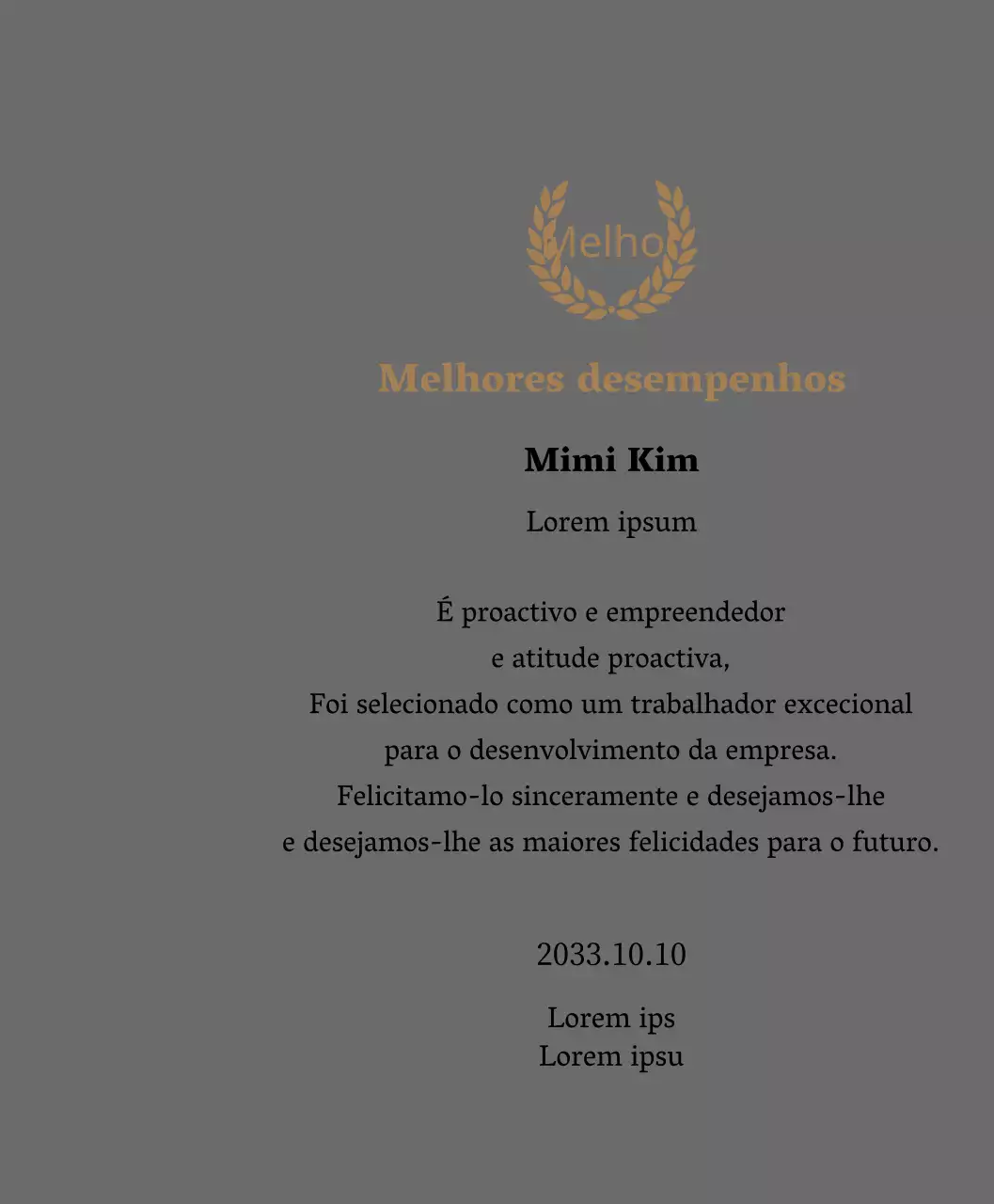 Placa de agradecimento luxuosa com louros dourados e carimbo